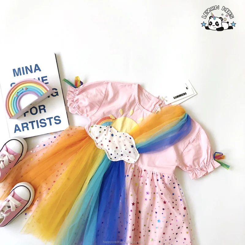 LEZONKIDS - 2023 New Summer Rainbow Clouds Rainbow Colors Stars Mesh Dress  Girl Dresses For Kids